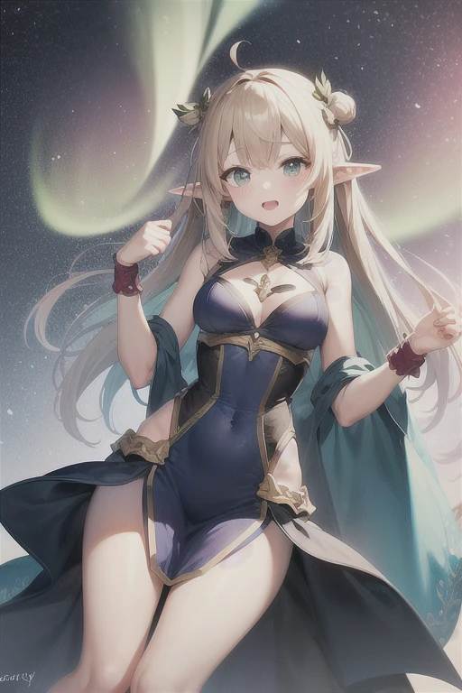 SoniaTotk, 1girl, 独奏, jewely, blond hairbl,Large breasts,cleavage, pointy ears, long whitr hair, Tattooed with, green-eyed, 耳Nipple Ring, choker necklace, Dark skin, hand on her own chest, dark skinned female, exposed bare shoulders, ssmile, looking at viewert, shift dresses, hair adornments, circle of the crone, The upper part of the body