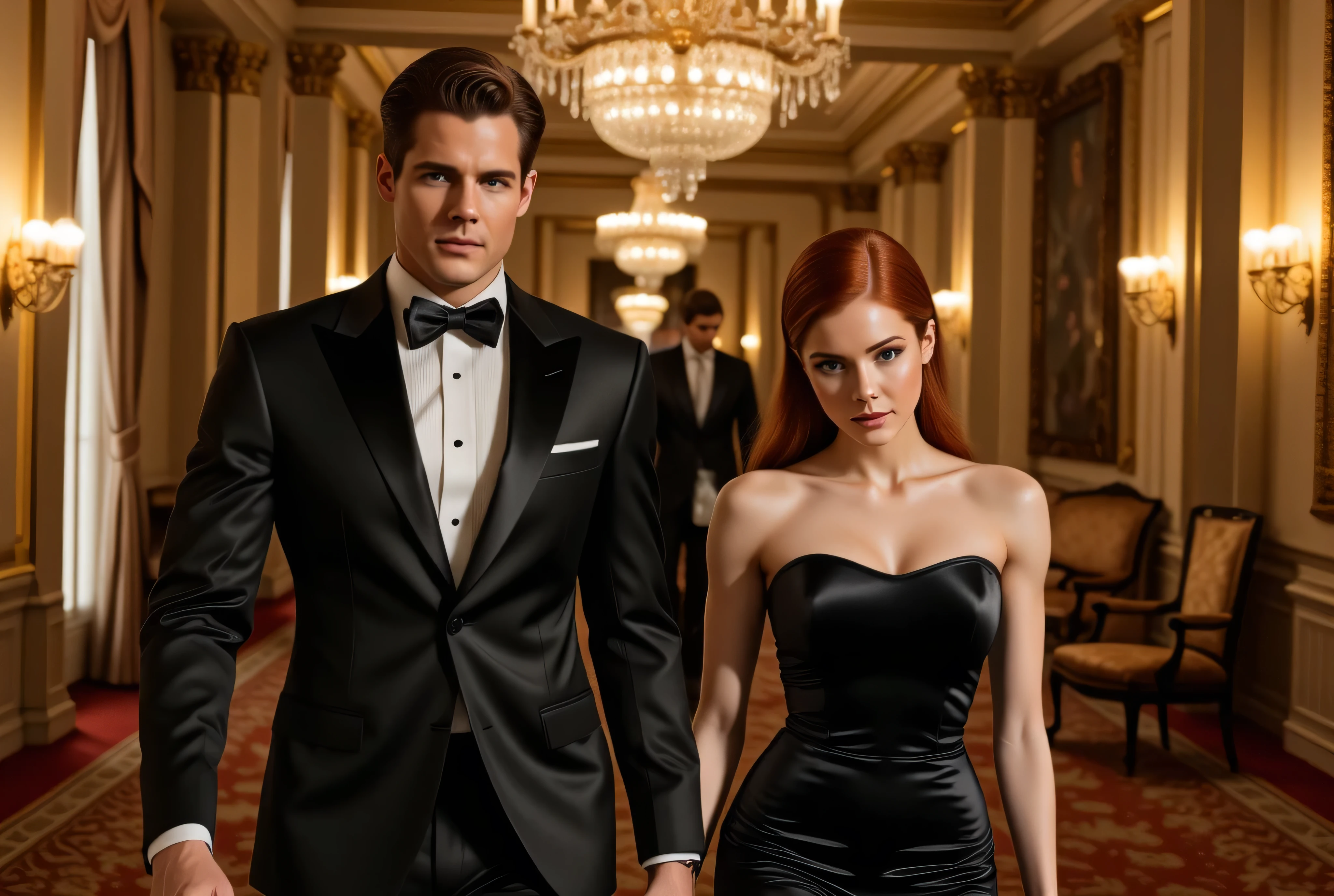 Retro Bruce Wayne (Batman) incognito in tuxedo, no mask, escorts retro young Barbara Gordon (1960s Batgirl), geek girl, younger, ager, pretty, redhead, hair in bun, no mask, in chic Chanel little black dress, to a debutante ball in 1960s Gotham City. Semi-realistic, detailed, oil painting, 8K, best quality, masterpiece.