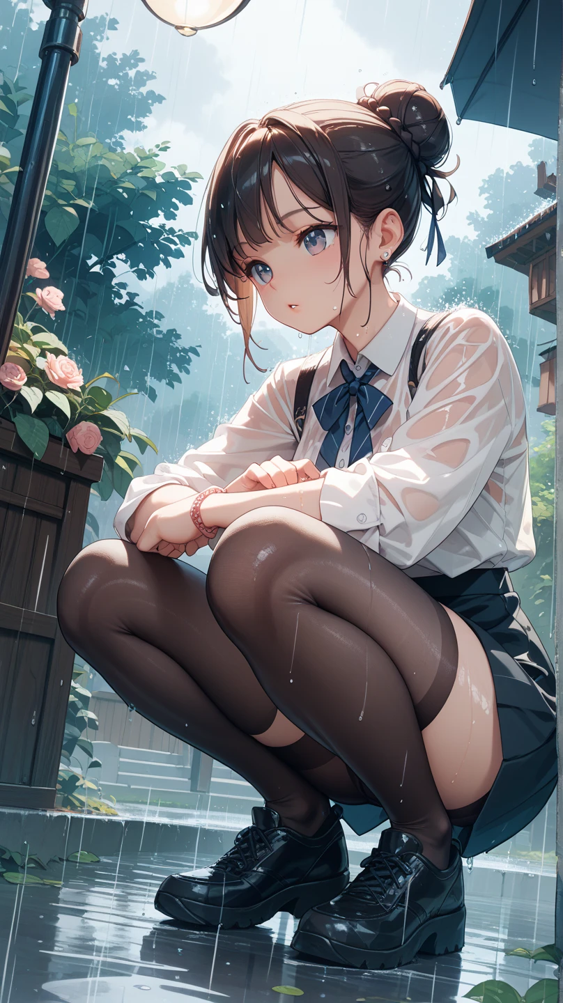 sologirl,Back alley in heavy rain,Drenched bad girl,piercings,Street fashion,(The whole body is soaking wet,Rainwater dripping from the face,Wet face,wetting hair,Wet and glowing skin,Soaking wet costumes,),(Glossy light brown and orange two-tone hair,Short ponytail),(The composition of the princess's face,big eye,Pointed lips,red lipsticks,Cute round face,A smile that makes the viewer happy,blushing with embarrassment,red blush,),(Bold poses),crouching down,(The 8k quality,masutepiece,top-quality,Ultra-high resolution output image,),intricate detailes,(Highly detailed raw photos:1.3),(Image Mode Ultra HD),