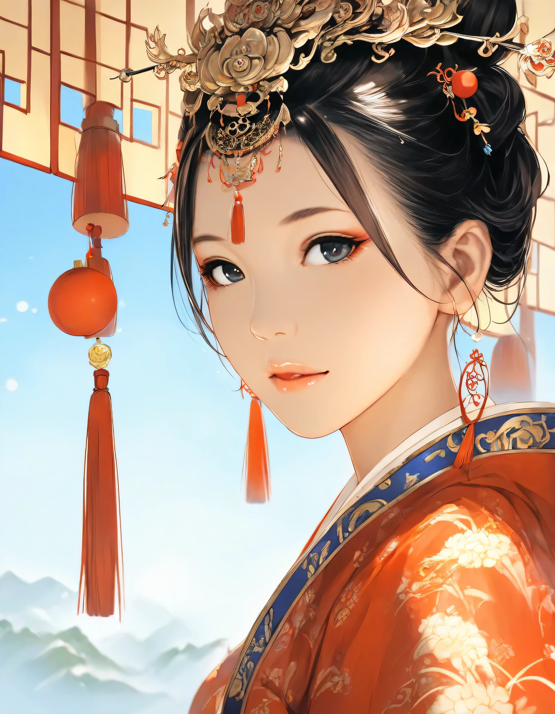 1girl, year 2016, upper body, Chinese painting, Luoyang, blue sky, masterpiece, high score, great score, absurdres, 16k, Ultra detailed, (photorealistic : 0.5)