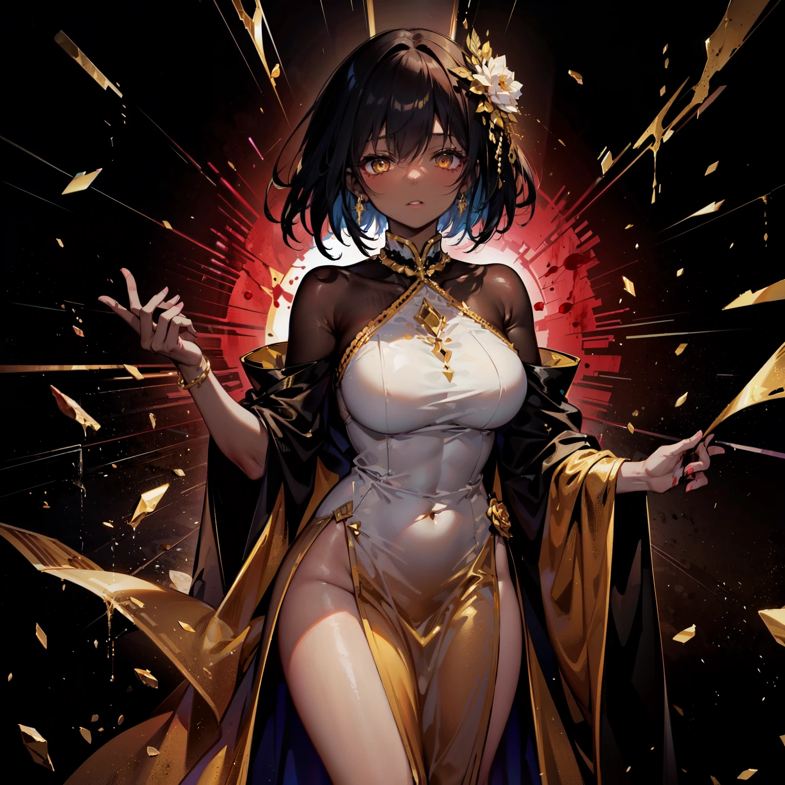 absurd res, high res, (masterpiece:1.4), ultra-detailed, 1girl, from front, space, floating, gold Chinese dress, yellow dress, stockings, black hair, golden eyes, yellow eyes, garter belt, the gap, angry look