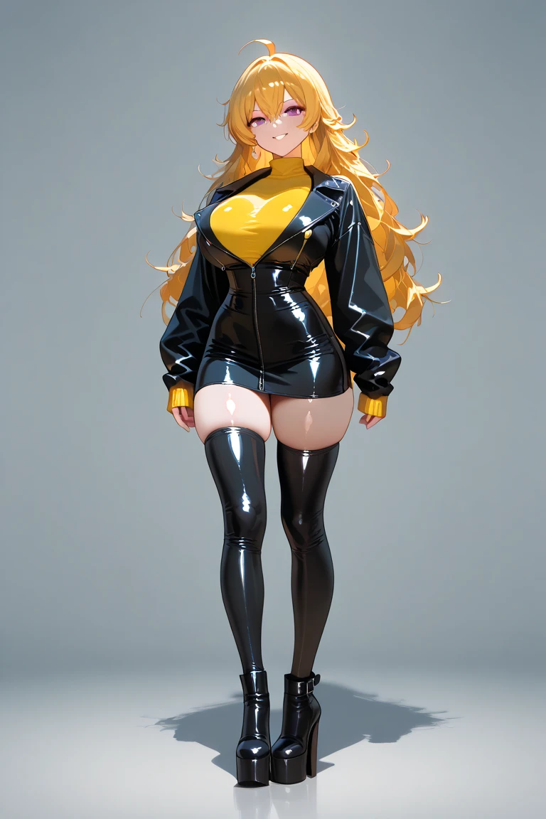 Sexy Hermaphrodite, Plump, pursed lips, freckles, Long curly black and yellow hair with bangs, Crystal blue eyes with smoky eyeshadow and black eyeliner, Black semi-matt lipstick, Dark Skin, A frivolous, proud smile, ,Full body image、Background white、Stiletto heel thigh-high boots