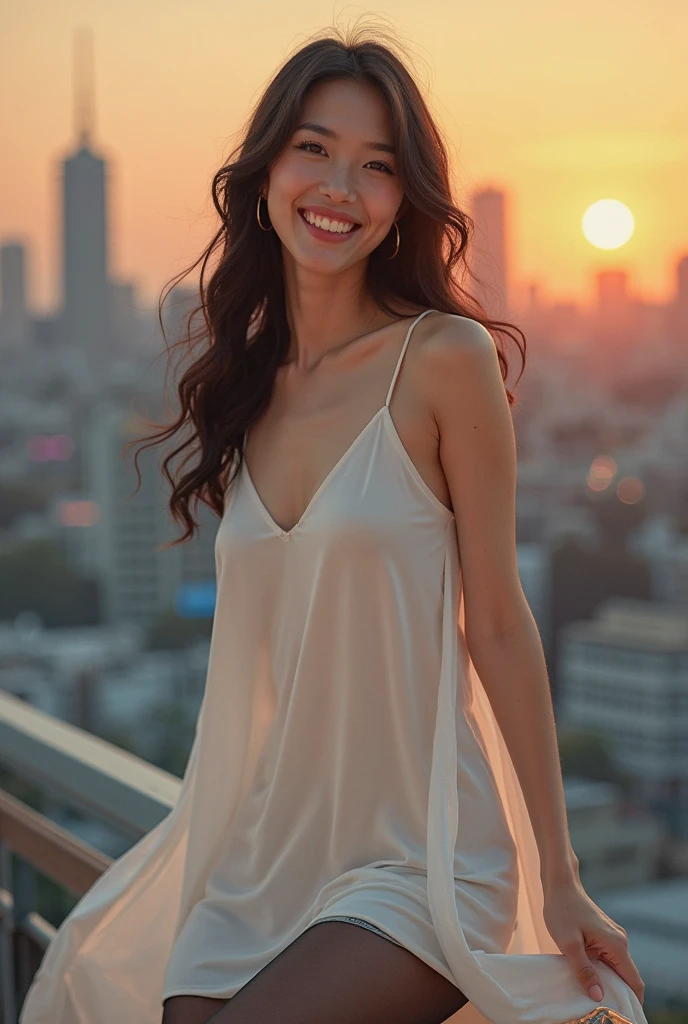 A 20-year-old woman with a cute face who looks as young as a 15-year-old idol Gentle and cute Laugh gently Height: 155cm Wearing a negligee with her underwear showing through Beautiful sunset view from the terrace of a high-rise hotel RAW Photos Genuine Ultra-realistic High definition Raw photo