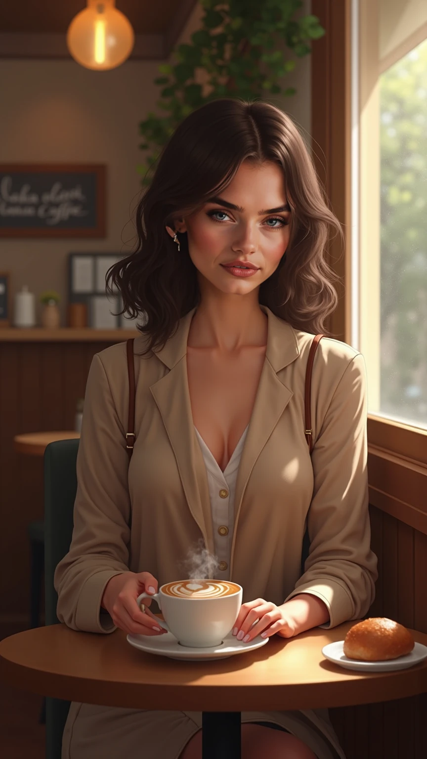 A 'highly detailed' digital illustration of an alluring Italian woman in a daringly stylish dress, sipping an espresso at an upscale caf in Milan, under the flattering ambient light of the setting sun photorealistic, dslr, ultra quality, sharp focus, tack sharp, dof, film grain, Fujifilm XT3, crystal clear, 8K UHD