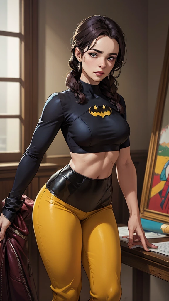 Bat Woman, wearing black and gold off shoulder cropped hoodie, girlfriend, warm atmosphere, on the couch, facing camera, legs spread