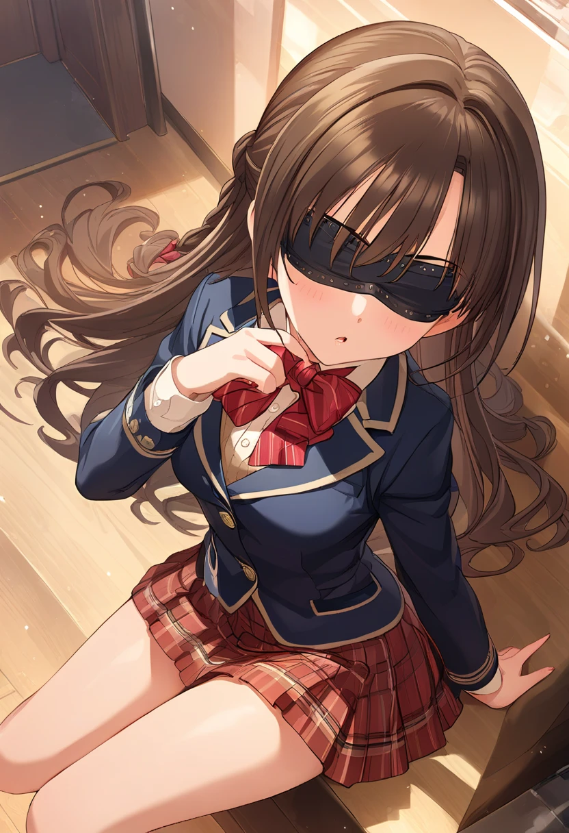 (realistic:1.3), finely detailed, quality,(masterpiece:1.2), (photorealistic:1.2), (best quality), (detailed skin:1.3), 15 years old,(loli:1.2),akb48,nogizaka46,young,,(small breasts:1.3),flat breasts,teens girl,,,(Navy blazer:1.4),( white blouse:1.2),(ribbon:1.2),(red pleated skirt:1.2),A dark-haired,delicate and body,(classroom:1.2)、frontage、full bodyesbian、white socks,highschool,desk,chair,(sitting on the floor:1.2),(seiza:1.4),,(skinny:1.2),beautiful girl,akb48,nogizaka46,(braid short ponytail:1.2),,,(arms behind back:1.7),,( restrained:1.8),(shackles:1.8),(bdsm:1.8),(metal collar:1.5),(blindfold:1.7),(lamentation:1.0),(★looking up at viewer:1.2),,(from above:1.4),,(cake on the floor:1.7),
