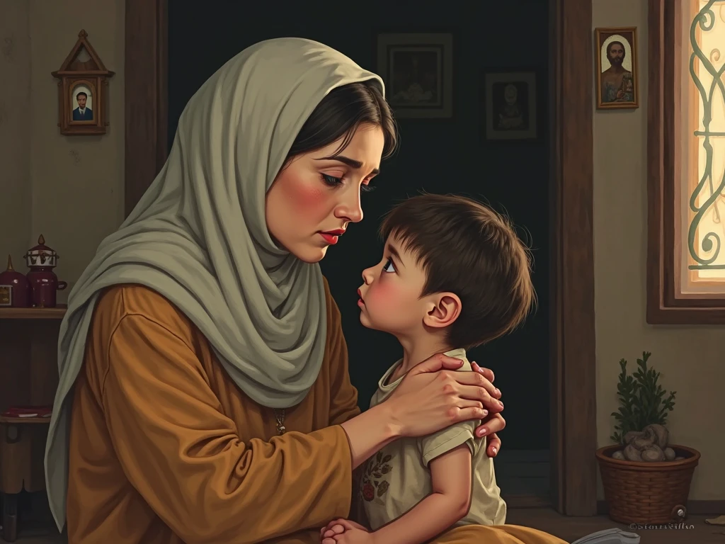 Mostrar eL momento de La despedida, con La Señora (The Virgin Mary) tocando suavemente La cabeza de un niño con aspecto pobre mientras éL parece profundamente conmovido. L