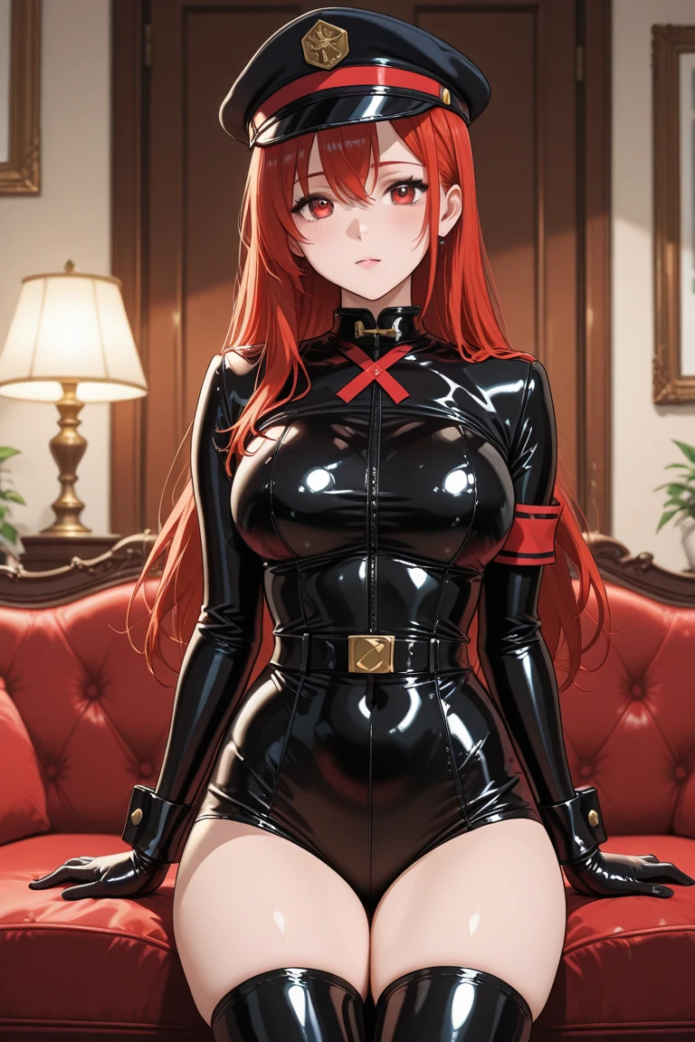Sexy girl, brown eyes, long ginger hair, dominatrix, black and red latex bdsm suit, no pants, black hood, handcuffs in hand