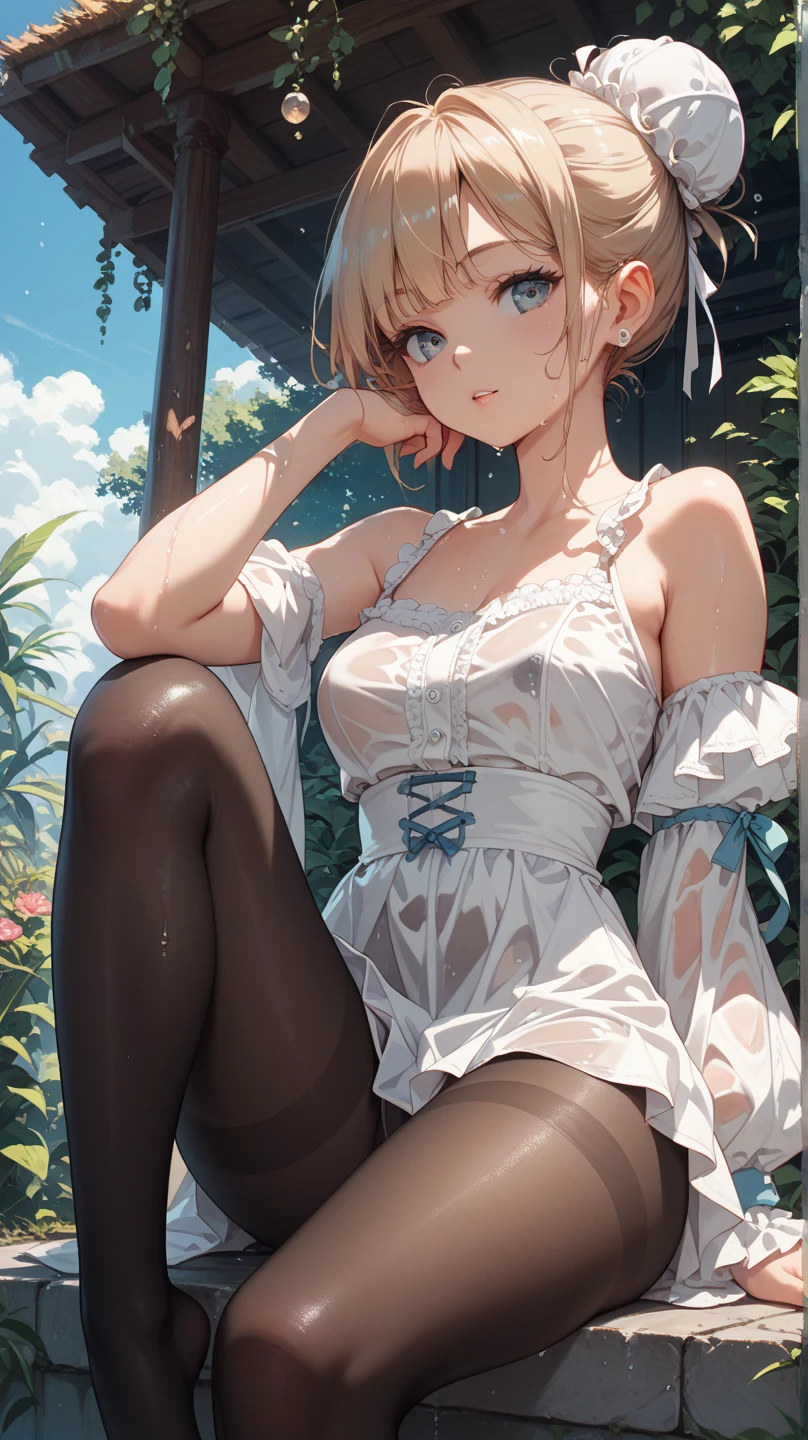 1female,15yo,Slim,熟妇,medium cleavage breasts Thin waist,slenderlegs,Pornographic exposure, 独奏, Hoshino Ruby, symbol-shaped pupils, (left star-shaped pupils:1.2), sparkling eyes, (star in left eye:1.2), symbol in eye, red eyes, long hair, blonde hair, bangs, blush, (side ponytail:1.1), (transparent white bathrobe, stocking, red high heels), looking at viewer,(Background with:ln the forest,the rainforest,in summer,sexy pose,Sweat profusely,drenched all over the body,seen from the front, hair straight, mostly cloudy sky,(((tmasterpiece),(Very detailed CG unity 8K wallpaper),best qualtiy,cinmatic lighting,detailed back ground,beatiful detailed eyes,Bright pupils,(Very fine and beautiful),(Beautiful and detailed eye description),ultra - detailed,tmasterpiece,)),facing at camera,(Full body photo),Show shoes,A high resolution,ultra - detailed),revealing breasts, Bulge,legs are open,Raised sexy,Flushed complexion,Open-mouthed,frontage,full body,