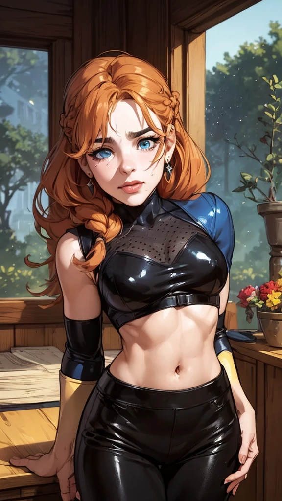 Digital, highly detailed character design, courage detailed digital art, Forest Fan Art, Portrait Character Design, beautiful Digital illustration, high-quality portrait, comic book art, young woman with beautiful hair . Queen Anna of ArendelleBeautiful lined eyes Medium large bust and wonderful sexy clothes. image expression of sexual desire from waist to head illustration Queen Anne of Arendelle Araafed woman with leather blouse and pants, cowgirl, cowgirl, Black Jessica, muffler with solid metal gear, sexy girl, fofosexyrobutts, amaranth, mais conhecido como amaranth, wearing leather bikini, 2b, sexy style, 2b, 🐎🍑, perfectly shaded body, small breasts female sheriff