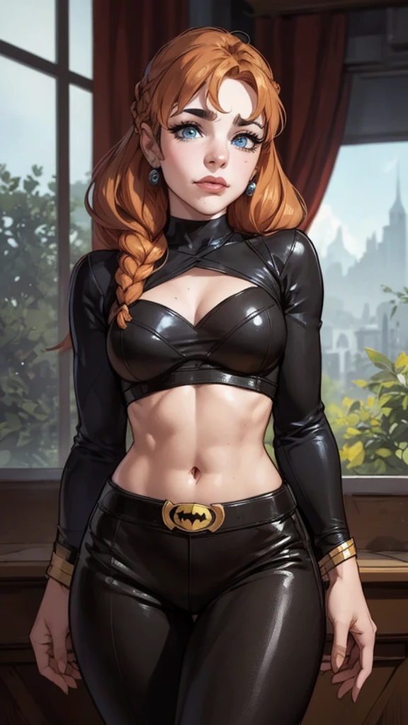 Beautiful eyes, (croptop), (black jeans), (full arm tattoo), illustration, (shop background) ((masterpiece)), (best quality), ((ultra-detailed)), beautiful detailed eyes, (wampire), ((modern landscape)), (original, highres), realism, semi-realism, (overexposure, illustration, ambient light), (beautifully detailed), (ultra-detailed), (light-shadow_symmetry:1.3), smooth, (perfect shading), (perfect rendering), (dynamic angle, natural pose), ((good anatomy)), (smile), demonic aura, (luscious ginger hair), (hair over one eye), (detailed face), ((intricate face)), smile, depth of field, dynamic from above, cinematic lighting, (photorealistic), (sharp-focus)