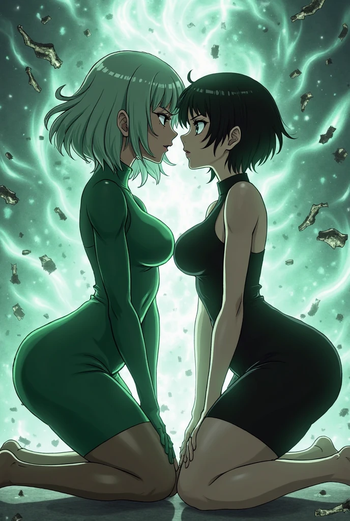 (high quality, 8k, 4K, high contrast, artwork:1.2, high quality, best aesthetics), (dynamic angle), ((1 woman)), (erotic and sensual), (mature and sexy body), (perfect detailed face, eyes and mouths), (perfect detailed hands), (short wavy dark green hair), (dark green eyes), (serious facial expression), (long green dress with exposed thighs), (standing in an upright and centered posture), (battle stance), (city in destruction in the background), (looking at the viewer).