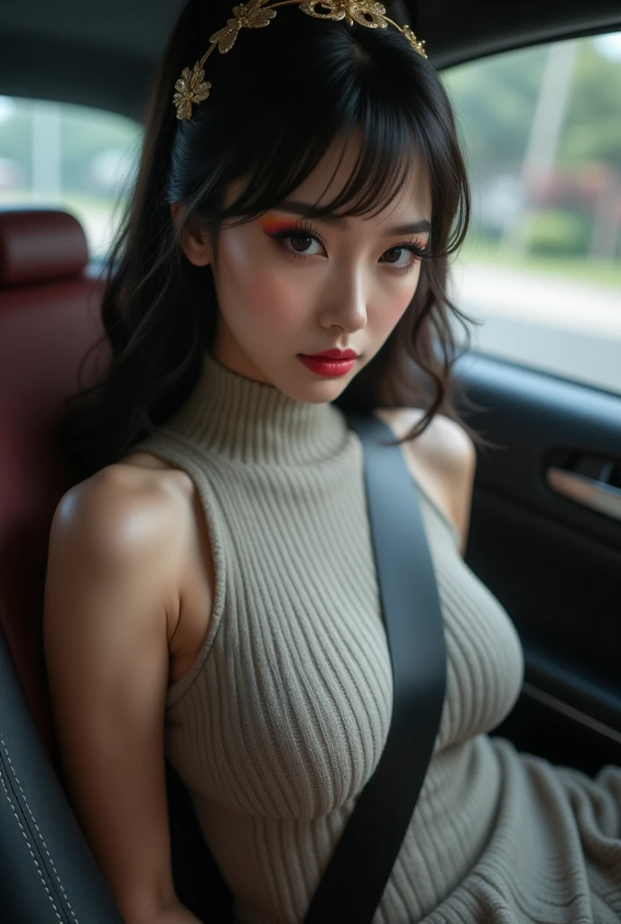 ((((top-quality))))、(((Ultra Precision CG16K Wallpapers)))、(((masterpiece)))、(((ultra-detailliert)))、(((Ultra-extreme details)))、One woman、a matural female、24-year-old woman、((Japanese face))、((extremely beautiful face))、((assist々Kiki:1.8))、((bob cuts:1.2))、(curly hair)、Bangs up to the eyebrows、Beautiful brown hair、Beautiful delicate eyes、Brown eyes、lofty nose、small nostrils、seductive lips、slightly open mouth、Beautiful breasts、C-cup size breasts、Medium flesh and middle back、perfectly proportions、perfect anatomia、Beautiful and detailed shading、Beautiful natural lighting、Beautiful detail glow、depth of fields、(((a high chroma)))、((realisitic:1.9))、((Vivid:1.4))、((Beautiful skin))、((Skin texture))、perfect-composition、((cowboy shot))、((Angle seen from the front))、((a smile))、(Staring eyes)、Bright sunshine、((Passenger seat in a car:1.3))、(Background blur)、((Dark gray high-neck summer knitwear:1.5))、(sleeveless)、((Plaid pleated mini skirt:1.5))、((Seat belt fastening from shoulder、Seat belts that dig into cleavage:1.5))、((Katyusha:1.5))、(NSFW)、