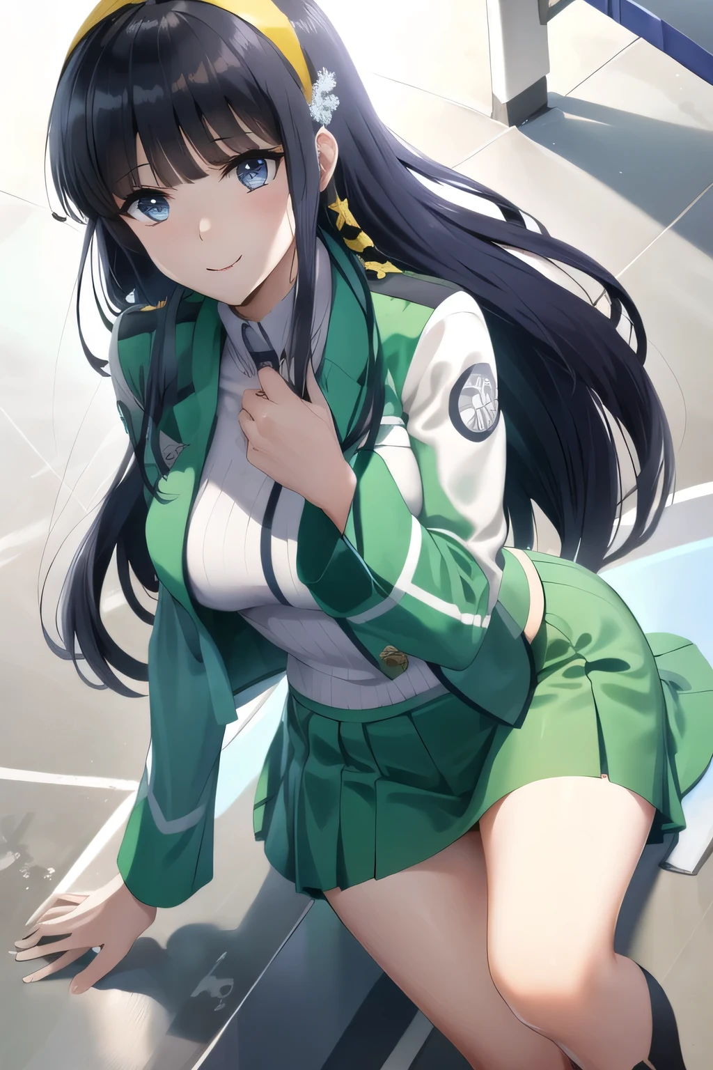 can you draw the facial expression more delicately,Please describe the hands and feet accurately,miniskirt wearing a police uniform,Yellow Hairband, long black haired woman,I definitely need a face,,, Green Vest ,green skirt,school uniform,,can you draw a 30-year-old woman with a nice smile,Exact hand and foot representation,