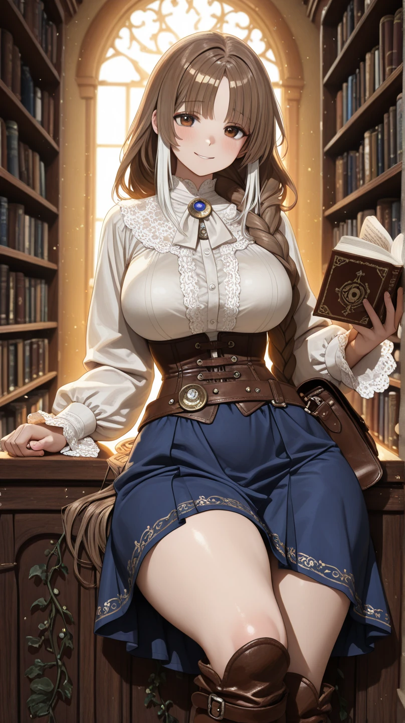 Create a comical scene in a retro-futuristic office where Leonardo AI is a literal steam-powered robotic assistant, humorously struggling with paper jams in the brass printing press, all while wearing a monocle and sporting a curly mustache. enormous tits