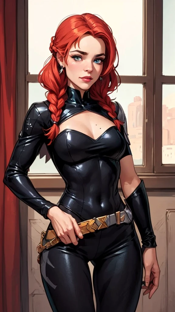The image features a girl with long, bright red hair, dressed in a sleek skin-tight shiny black latex bodysuit with a deep-cut zipper neckline revealing a large chest, the silver zipper running down the front. The suit is complemented by her iron wrist guard on both wrists and a belt made of silver circles around her waist. She holds a gun in each hand in a ready position, while her other hand is touching her hair. Placed against a dark city backdrop, the scene includes buildings and might contain elements resembling a clock tower, suggesting an urban setting. This composition is emblematic of a superhero genre, highlighting central and ancillary characters, with an overtone of action and vigilance.