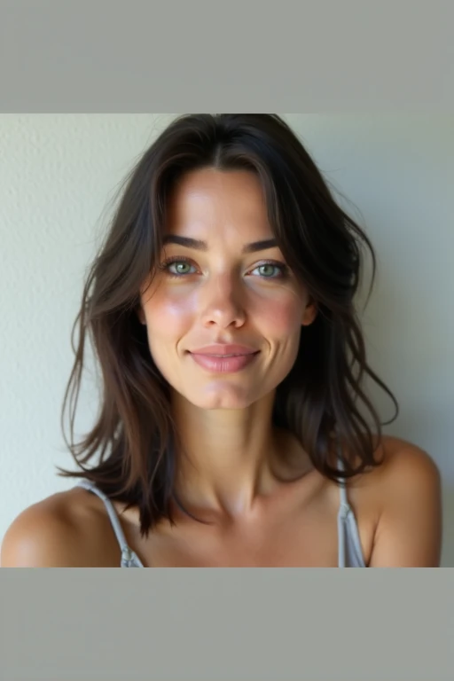 Beautiful brunette in pants , Selfie, Low cut, very detailed, , visage innocent, naturally wavy hair, yeux verts, high resolution, Boss of'ouvrages d'art, best quality, intricate details, very detailed, mise au point nette, detailed skin, texture de peau realistic, texture, detailed eyes, professionnel, 4K, charming smile, prise avec Canon, 85 millimeters, slight depth of field, kodak vision color, corps parfaitement ajusté, extremely detailed, Photograph_\(ultra\), photographiquerealistic, realistic, Post-traitement, maximum details, roughness, real life, ultrarealistic, photorealism, photographie, 8k uh, photographie