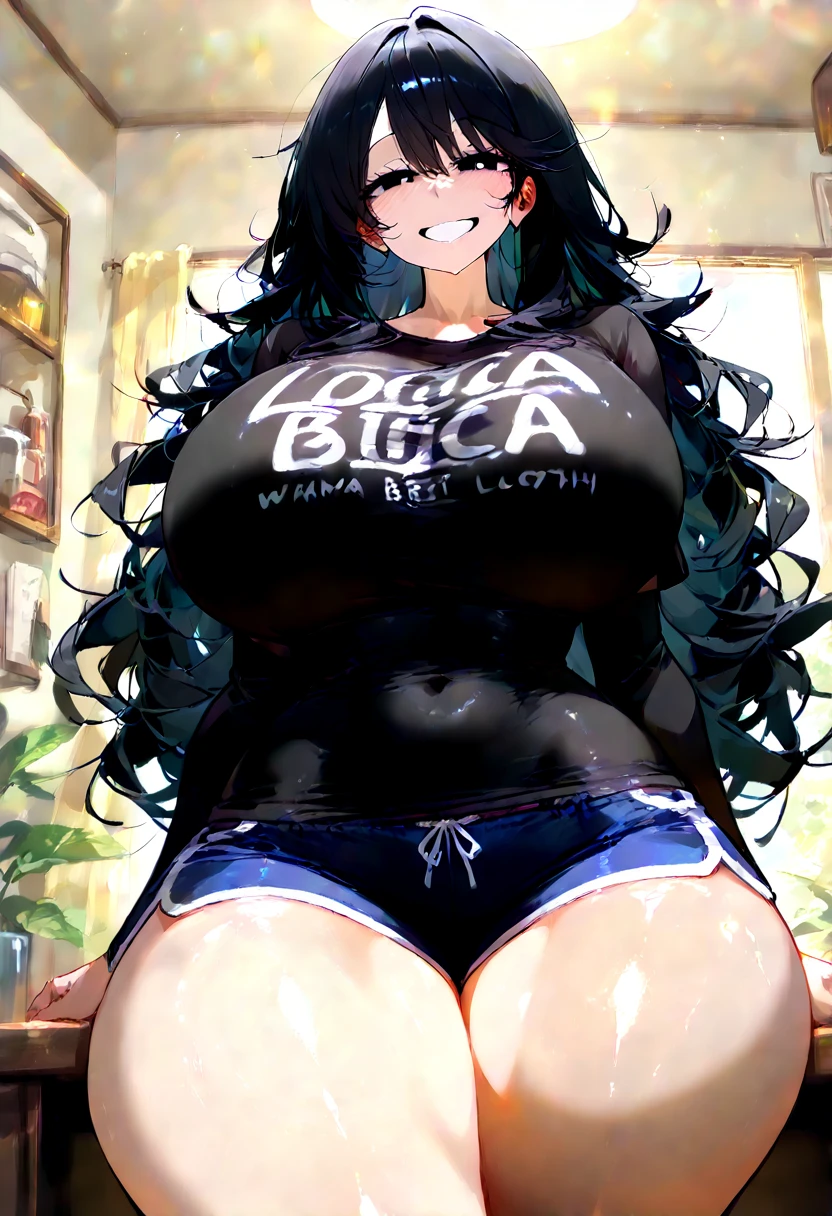 2 heads, a short thin woman with 2 heads. Extremely huge breasts. In a bedroom. Wearing a colorful belly shirt with a graphic on it. Wearing jeans. Young. Happy. Thin face. Seductive eyes. Long messy hair. Sexy. Smiling. Gigantic breasts. Nerdy, sexy nerd appearance. Deep cleavage. Hard nipples under shirt. Gigantic round breasts. Enormous fake round breasts. Giant circular breasts. Selfie POV, taking a selfie.