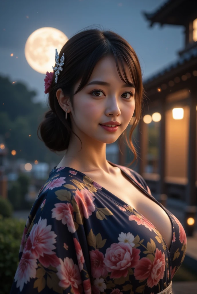 Kimono beauty, body portrait, 8K, thin and beautiful eyes, Dindal effect, masterpiece, top quality, high quality, high resolution, very detailed photo, (natural skin texture, fine skin, hyperrealism, super sharpness) , high detail skin, (very fine, fine skin texture, intricate details, ponytail, beautiful face, (real-like face), realistic eyes, beautifully detailed eyes, realistic skin, beautiful skin, hyper reality target, highly detailed, golden ratio, smiling eyes, ((night moonlight background) )), body portrait, G cup, big breasts, huge breasts, big breasts, glamorous,