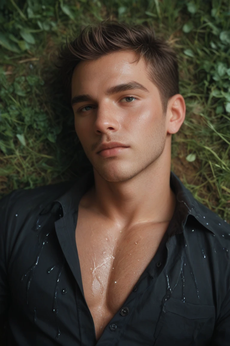 masculine naked Jamie Dornan hairy body, pubic hair, mud wet face and body, Vogue magazine cover concept, Cinematic color schame, studio nature, real erect penis with cum