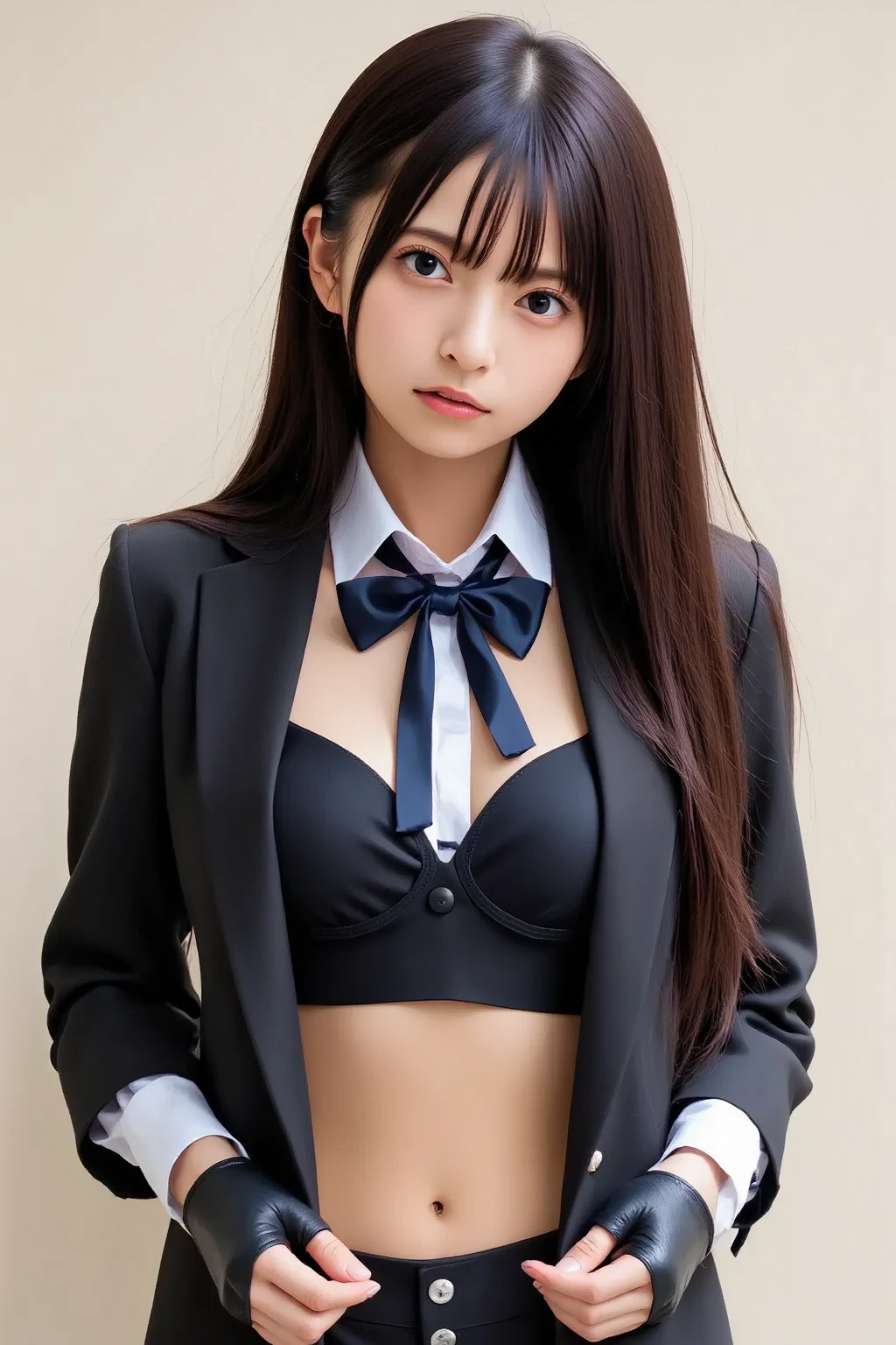 1girl, solo, long hair, looking at viewer, blush, bangs, skirt, simple background, brown hair, shirt, long sleeves, black background, closed mouth, school uniform, standing, white shirt, pleated skirt, open clothes,no bra,(nsfw) socks, collared shirt, hand up, miniskirt, sleeves past wrists, kneehighs, swept bangs, green skirt, black socks, arm at side, hand in own hair, masterpiece, best quality, highly detailed, open vest