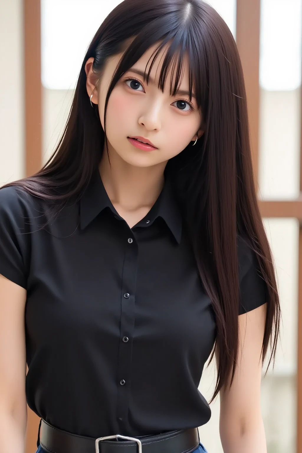 (highest quality, 32k, High resolution, masterpiece:1.5, ), Transparent air, The brilliance of youth, An award-winning masterpiece with incredible detail, Beautiful Japanese Girls, ((Low - Angle:1.3)), An exceptionally beautiful face, Small Face Beauty, Shiny brown hair, ((Beautifully arranged super long straight silk hair)), Asymmetrical bangs, Hair between the eyes, Beautifully trimmed, thin eyebrows, Magical big eyes, Moist black eyes, Clear double eyelids, Transparent, soft white skin, Sharp eyebrows, Thin lashes, Natural Makeup, Cheek highlighter, Pale pink detailed lips, Rich expression of emotions, Motherhood and generosity, (fleeting smile:0.7), ((Lightweight black silk blouse:1.0)), blue plaid pleated skirt, sit, ((Absolute area:1.4)), High resolutionの美しい太もも, (whole body:1.3), Parks by the sea, Beautiful, clear blue sea stretches to the horizon, The dazzling summer sunshine, detailed blue sky, Professional Lighting, Professional Photographer, Professional models