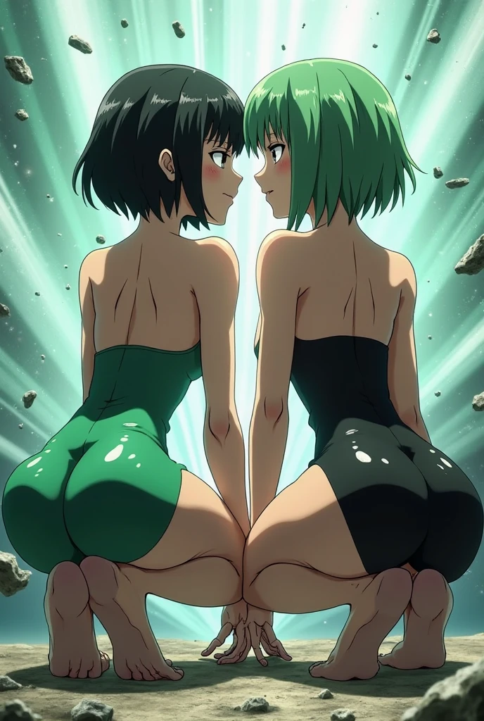 1girl, tatsumaki, flat chest, blacked underwear, green eyes, solo, barefoot, simple background, embarrassed, looking at viewer, turned around, presenting ass, bedroom