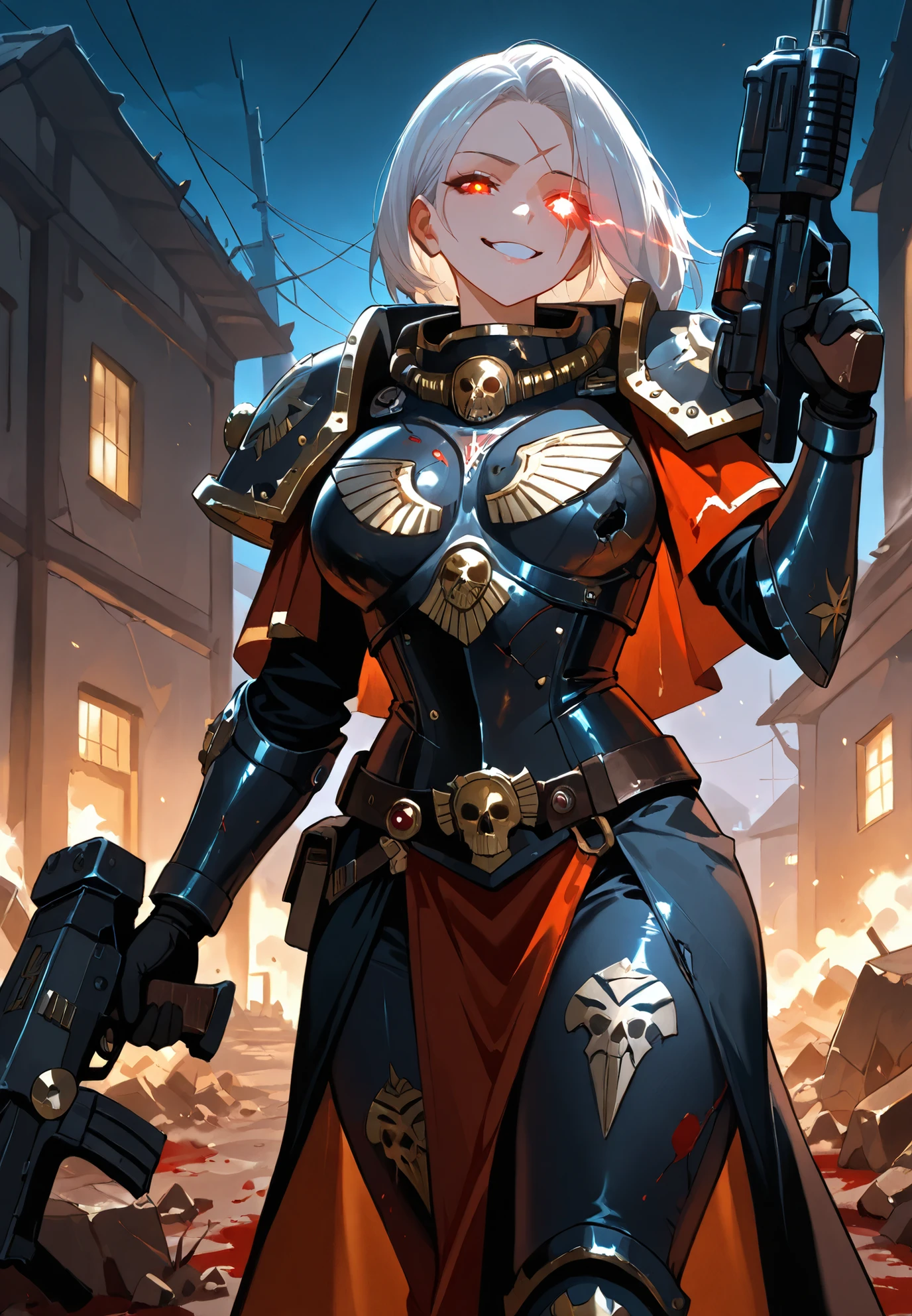 1girl,solo,sister of battle, warhammer 40000 universe,adepta sororitas,smirk, crazed eyes, (glowing eye trail:1.2), face scar,blood splatter,wearing a bulky ornate black armor, intricate details on armor,damaged armor,white hair,holding a bolter gun over her shoulder,destroyed village,rubble, at night,BREAK,night time,cinematic lighting,masterpiece,top quality,warm color,high resolution,high fashion,absurdres extremely,vivid colors,intricate details,best quality,amazing quality,very aesthetic,newest,ultra-detailed,