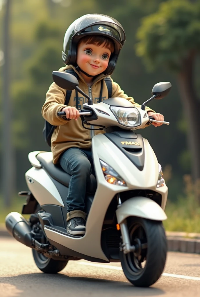 an incredible joyful Boy is driving a scooter in the field of pink and red flower , highly detailed, 8k, detailed eye, detailed finger