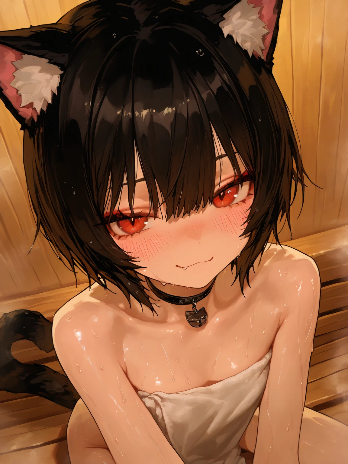 lady, masterpiece, Highest quality, ultra detailed, CG unity 8k wallpaper, Cinema Lighting, Lens flare, Beautiful details in the eyes, ultra detailed eyes, Red eyes, Collapsed night street, Fluttering hair, black hair,
red streaked hair , cat ears, black ears , cat's whiskers , short hair, slicked back hair, abdominals, White fangs are visible,, profetional lighting、 Gray Light Lighting, large breasts, muscular, (stare at viewer with stern eyes:1.5),(bitting own lip:1.1),(angry:0.9),nose blush,(shamefull:1.2), surprised , (embarrassed,blush:1.3) , ,nsfw,(ecstasy:1.3) ,(slut:1.2),(vulgarity:1.3),(fucked silly:1.1),(steam:1.1),(wet:0.8),(trembling:0.8),(tears:0.7) ,(drooling:0.6),(sweat:0.8), open mouth , defenseless,Beautiful eyes illuminated by the light、Shiny Hair、Reflected Eyes ), {very aesthetic}, on all fours, cat tail,, from above, black tail, leaning forward, ass up, arching back, ffrom behind, stick out butt,bath, bathing, washed her hair by another, naked, nipple, soap, bubble on her hair, pussy juice,