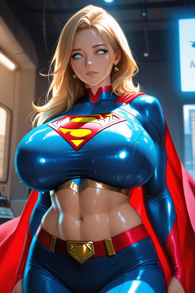 Muscular busty DC Comics Supergirl, huge round boobs, enormous firm tits, huge strong biceps, tonned strong abs, bodybuilder, large hips, flying over the city