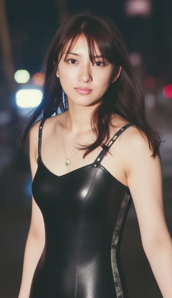 Skinny Japanese woman, 30 years old, Small build, Slit eyes, Fleeting atmosphere, Black Bob Hair, ((Thin lips)), ((Shiny Rubber Suit)), Mastepiece, Best Quality, Detailed skin, Detailed eyes, Detailed face,8K, Good anatomy, Upper body portrait