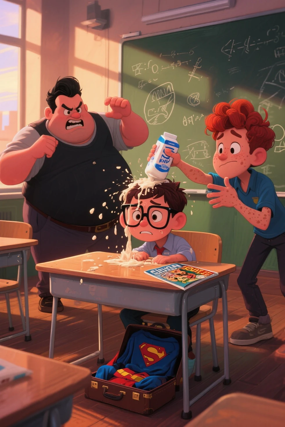 In the center of the composition hooligans mock a nerd and squeeze a pack of kefir onto the head of an upset boy with big glasses sitting at his desk, drenching him. In the background, an angry fat man with black hair and a red-haired skinny nasty  with freckles on his face. On the boy's desk, there is a superhero comic magazine. Downstairs is his briefcase with a superhero costume in it. [In the background, there is a classroom in the projection and a blackboard with formulas and some drawings drawn in chalk]. dawn lighting, rays of light illuminate dust in the air. epic composition, focus on details Focus on details. bright saturated colors. An unrealistic cartoon style with erased borders and a style of colors. An animated magical style of unusual animation. Highly detailed oil painting, made with oil paints. 