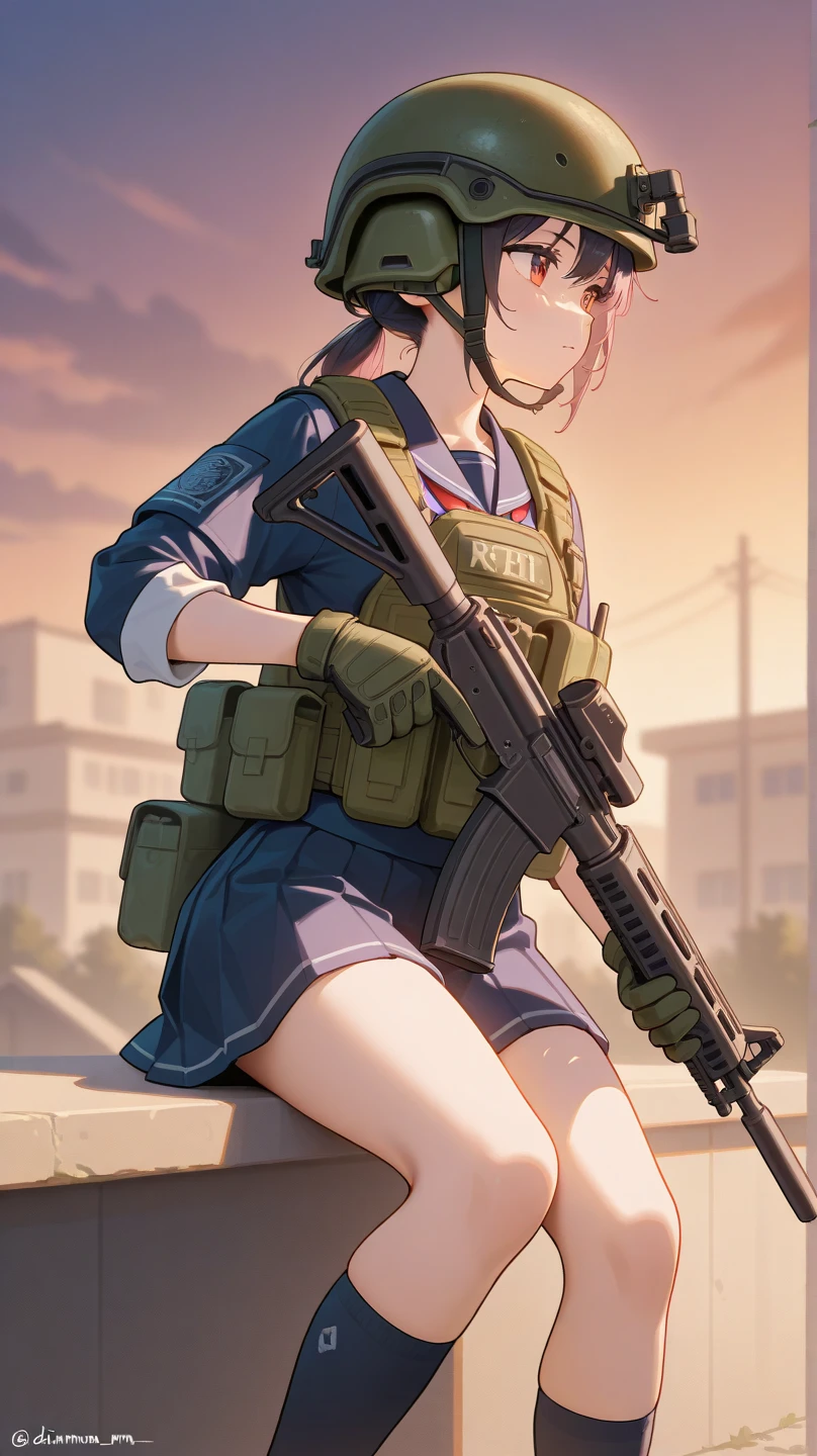 (masterpiece:1.2), (best quality:1.2), (ultra highres:1.2) ,(8k resolution:1.2),(sweet smile: 1.2),
sci-fi,girls frontline,near future,doomsday survival,
1 woman,orange hair tied ponytail , orange eyes ,
Armed with an assault rifle, Wearing a Black heavy military jacket with lots of pockets,Black stockings, yellow scarf,Waist carry military magazine,high-tech exoskeleton legs,Student uniform shirt and pleated skirt,Kneepads, Wristguards, Gloves,
KaalaOIutfit,