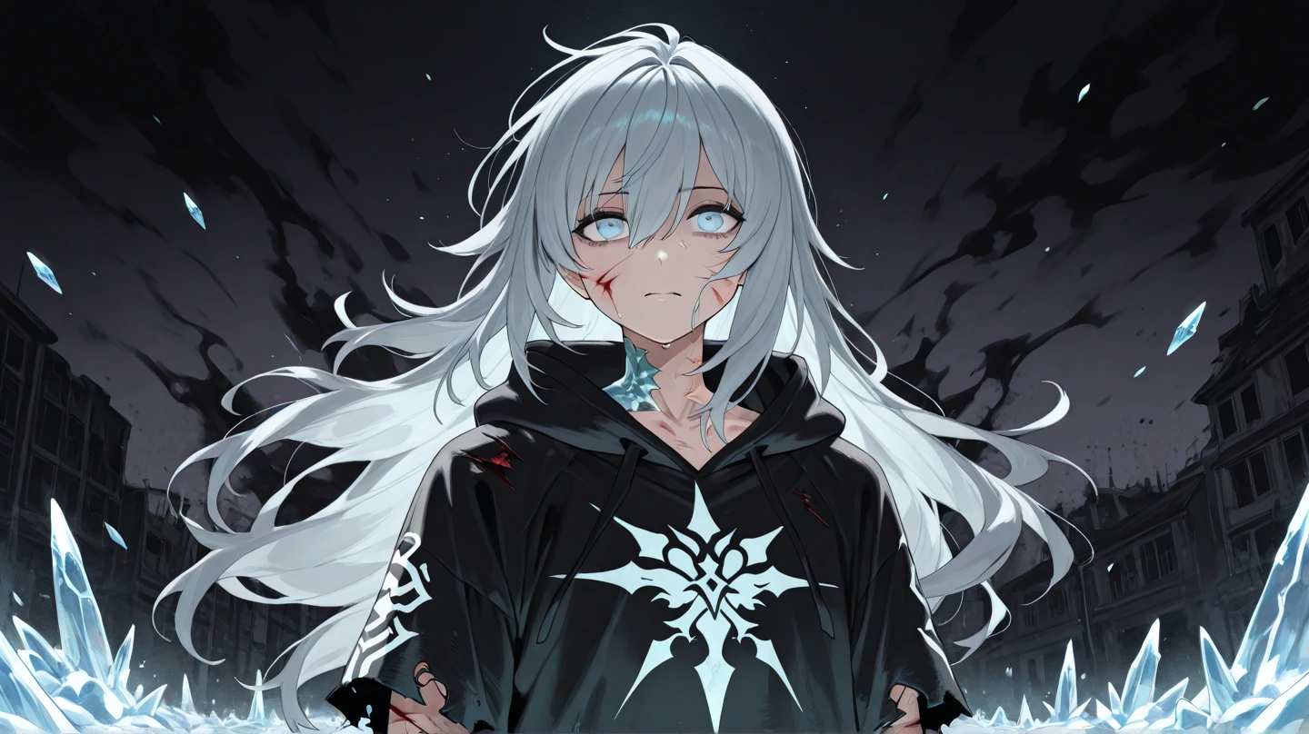 (((1girl))), ((long messy white hair)), tall, pale skin, ((white long open coat)), (((((((black t-shirt underneath white coat))))))), (black cargo pants), (((soft smile))), (((eyes closed))), black choker, ((scars on body)), ((muscular body with small breasts underneath clothes)), imposing, (((intense))), (((dramatic))), image 1:3, ((focus face)), (((big injury on chest))) (((((lying dead on the floor))))), (()blood on mouth))), attention-grabbing, 4k, dark room,