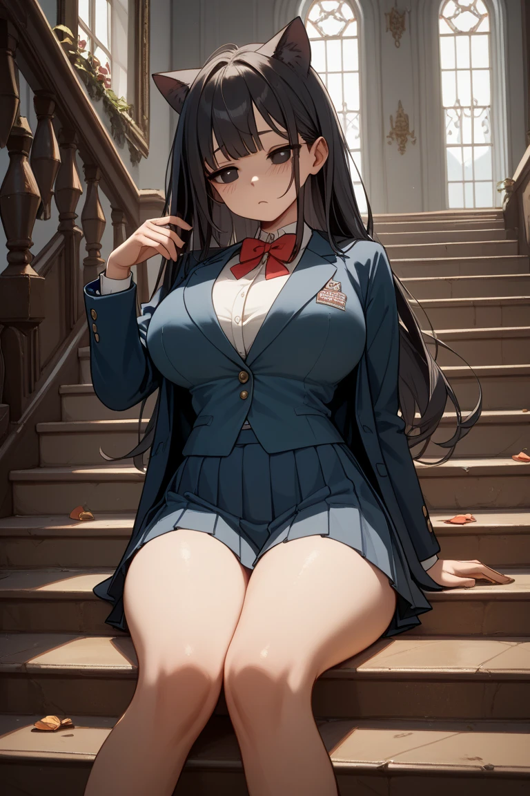 (best quality), (masterpiece), 1 girl, early 20's, huge heavy breasts, busty, massive breasts, thick, thick lips, wide hips, thin waist, yukiko, red cardigan, plaid skirt, yellow neckerchief