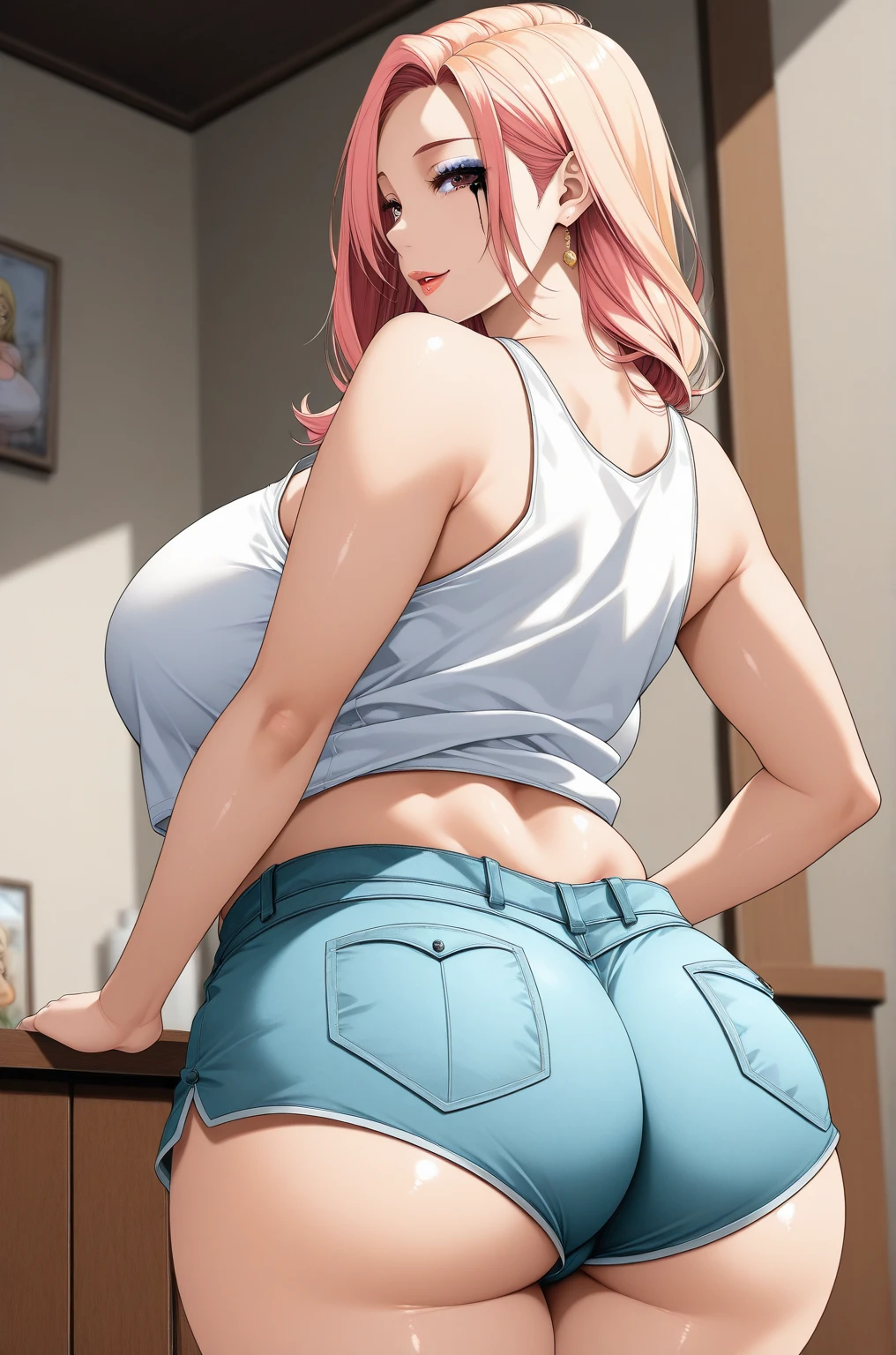 (Highest quality, 8K, masterpiece :1.3),Mrs. Yuigahama,ガハMom, As I expected, my youth romantic comedy is wrong。, One woman,Bun Hair,30 years old,Mom,Orange Hair,nsfw,Plump body,Big Ass