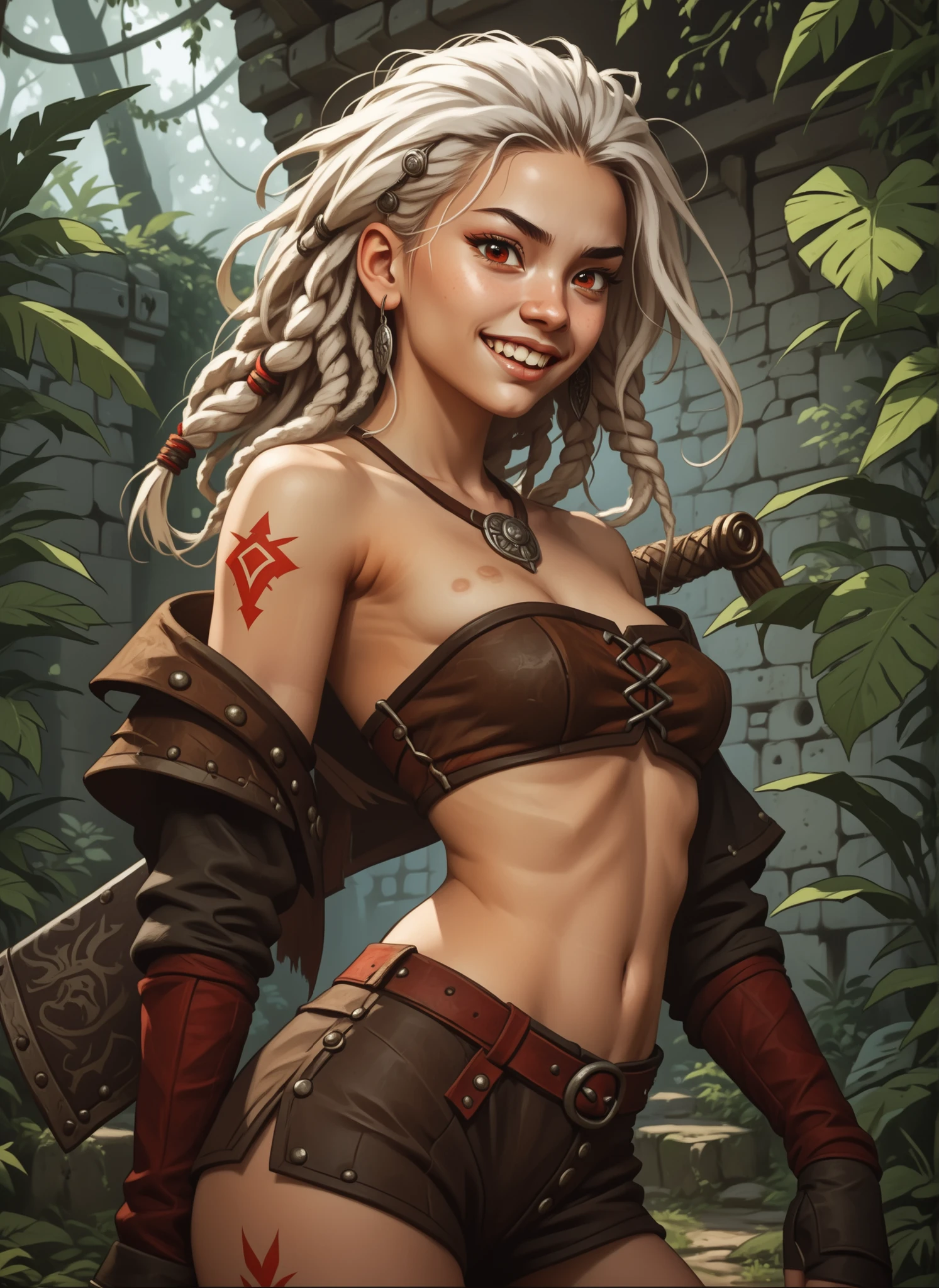 Slender body. White skin. Cute 18-year-old Aztec girl with Asian red eyes and sharp teeth and dreadlocks with white highlights. She has a cute and beautiful face. She has a round and young face with a pointy chin. Her white body is athletic with abs. She wears medieval an intricate medieval leather clothing with buttons. Background: medieval jungle ruins. Realistic lighting. DnD art-style. Looking at the viewer.