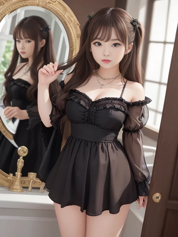 ((best qualityer)), ((work of art)), (detailded),cute japanese,((1 girl,alone)),18 years old, ((porcelain cut white skin)),((black eyes)),(black long wavy hair,with bangs),((flushed skin)),,(Alone),(best quality: 1.4), (photorealistic: 1.4), 8k Absurd, ultra detailed, cinematic lighting, Detailed Beautiful Face,semi-blurred background, loose wavy hair, dress, black cat ears, looking at camera,happy smile,teeth showing,((full body)),