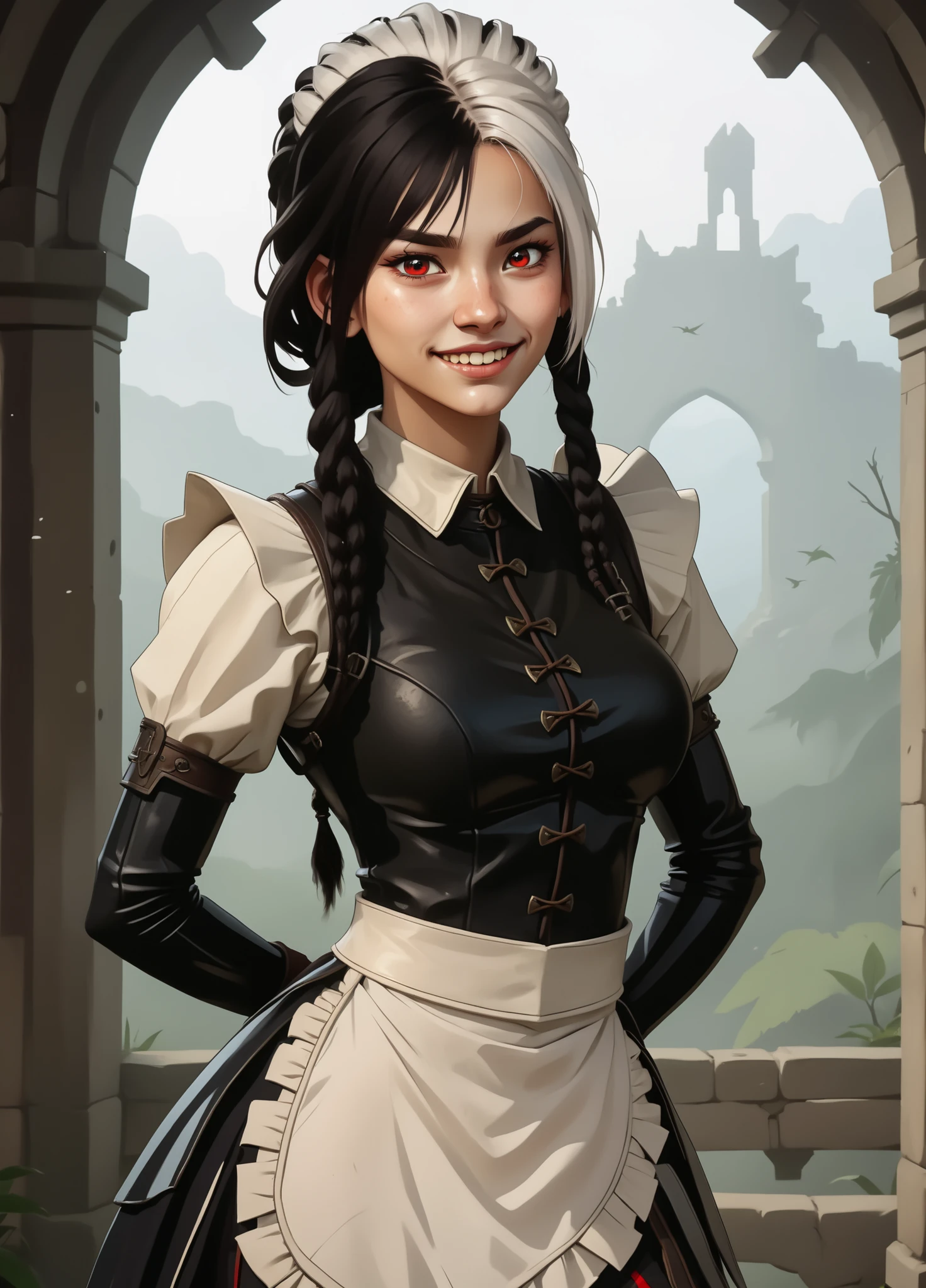 Slender body. White skin. Cute 18-year-old Aztec girl with Asian red eyes and sharp teeth and dreadlocks with white highlights. She has a cute and beautiful face. She has a round and young face with a pointy chin. Her white body is athletic with abs. She wears medieval an intricate medieval leather clothing with buttons. Background: medieval jungle ruins. Realistic lighting. DnD art-style. Looking at the viewer.