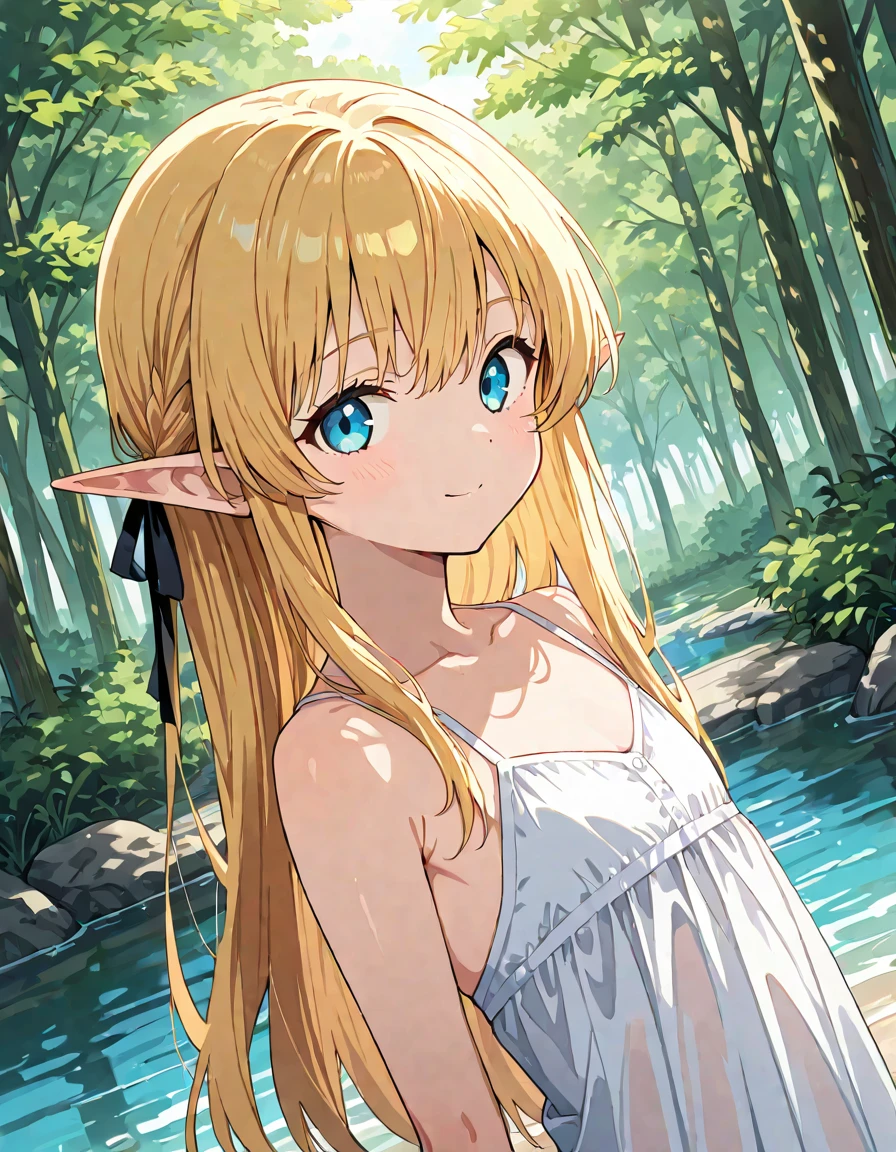1 girl, Beautiful elf lady, blonde Long straight hair, upturn elf pointy ears, sexy figure, hot body, very beautiful face, detailed face, delicate eyes, detailed pupil, beautiful and delicate lips, blush, shy, heart, in love, white camisole long skirt, Simple and stylish, small crystal earrings, hand drawn animation, high detailed, outdoor, symmetrical clothes, best quality, masterpiece, retina, 8k, highres