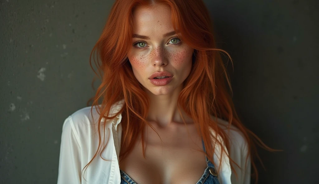 NSFW, a full body photo of a stunning redhead woman with messy hair, (unbuttoned white transparent blouse), smiling, green eyes, flirty, sits in a coffee shop, short black skirt, messy bun, camera from above, voyeuristic, intimate, soft light, warm glow on her face and body, computer, focused, skin and hair, soothing, high-detail skin texture, (freckles:0.5), hdr, partially exposed