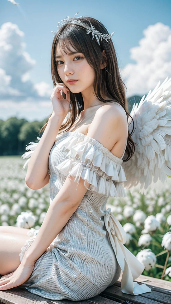 1 girl with red hair in a pigtail, facing the front of the screen, hair with many flowers, white skin, big breasts, big butt, purple short skirt and t-shirt, with angel wings, background Lily garden, standing and posing