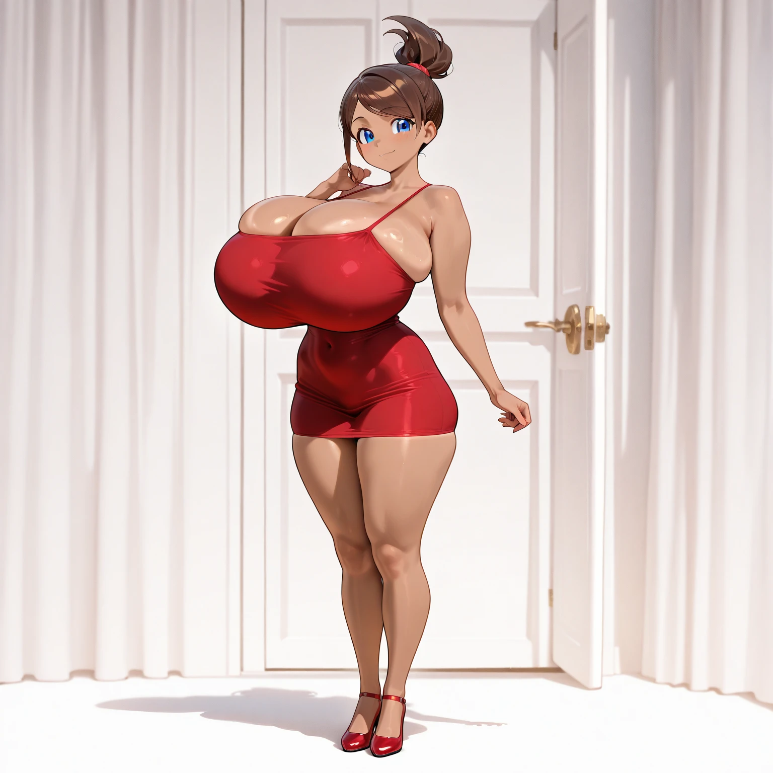 Helen Parr, 3d:1.1, 1woman, tight breasts:1.1, Broad Hips:1.1,tight red swimsuit,Round ass:1.1, maroon hair, detailed hair, huge breasts1.1, Waist slender:1.1, squatting down