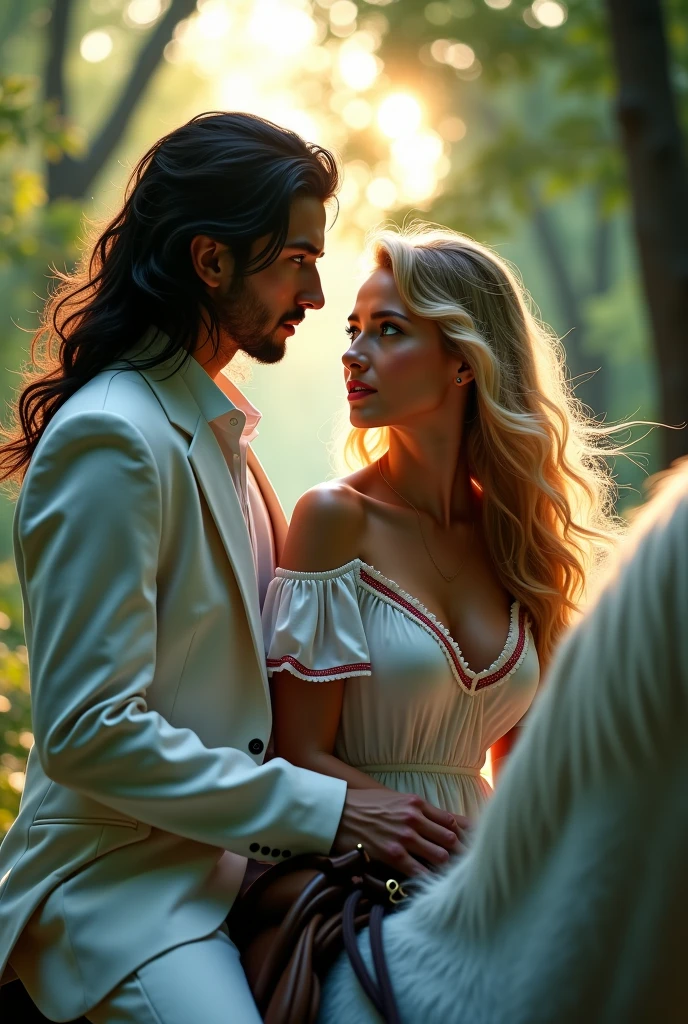 Romantic scene of couple kissing in the park, leaning against a tree, um homem ((30 anos, pele brown, com cavanhaque, cabelo raspado)) e mulher ((americana, 25 anos, pale skin and freckles, olhos cinzas, nariz delicado, soft and delicate lips, cabelo blondie cinza longo e ondulado)), ultrarrealista HD fotorrealista altamente renderizado, luz natural do dia, Fuji Camera