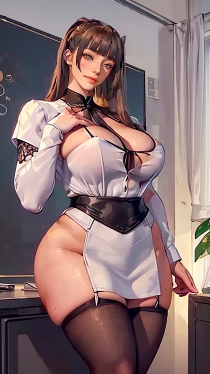 top view, girl, big boobs, cleavage, big hips, messy dark purple hair, orange eyes, balcony, leaning on the railing, sunset