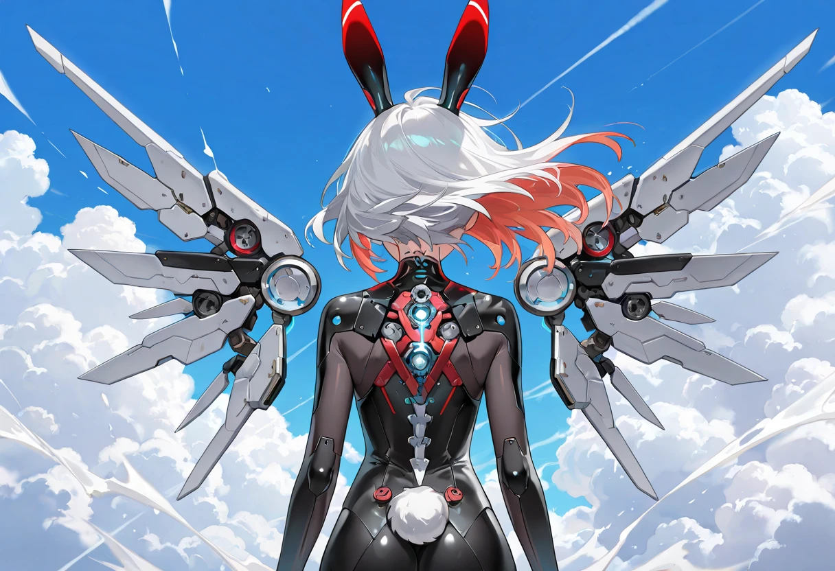 ico_megamanxdive, 1girl, blue eyes, solo, white hair, android, large breasts, black gloves, short hair, thighhighs, necktie, high quality, masterpiece, standing next to a swamp and castle surrounded by mist, outdoors, tree, solo, from behind, bird, facing away, scenery