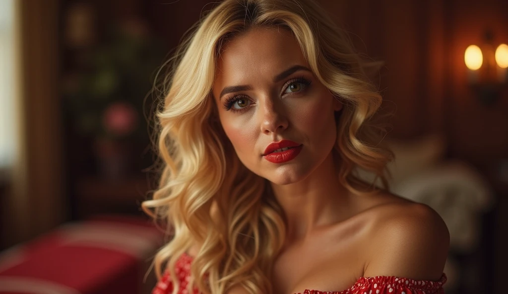 hyperrealistic beautiful busty 19-year-old woman with long legs wearing gold satin romper, model shooting full body photography, bleached blonde very long straight updo hair, soaky wet skin, dark eye makeup with eyeliner, seductive smile, red lips, 8K, Best quality, Meisterwerk, ultra high resolution, (Realismus: 1.4), Originalfoto, (realistische Hautstruktur: 1.3), (Filmkorn: 1.3), (Selfie-Winkel), 1 girl, Beautiful round hazel eyes and facial details, Meisterwerk, Best quality, indoor photography, nsfw
