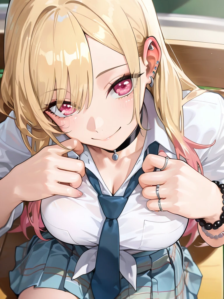 High resolution、1 girl、young girl、masterpiece, highest quality, High resolution, Kitagawa Marin, 1 girl, blonde hair, long hair, colorful hair, red eyes, jewelry, earrings, earrings, school uniform, transparent shirt、The nipples are visible、white shirt,、tie shirt, black choker, blue tie, plaid skirt、1 old man、penis、girl blaming old man、((ejaculate vigorously))、evil smile、holding the penis、((handjob))、handjob, perfect hands、完璧なpenis、(i don't'don't give blowjobs)、short penis、(((cum)))、((play with a man, touch a man's butthole with one hand))、old man's butt, ((woman on top))、six nine、ride on an old man's face、(Reverse anal torture)、man is masochist、((angle from below))