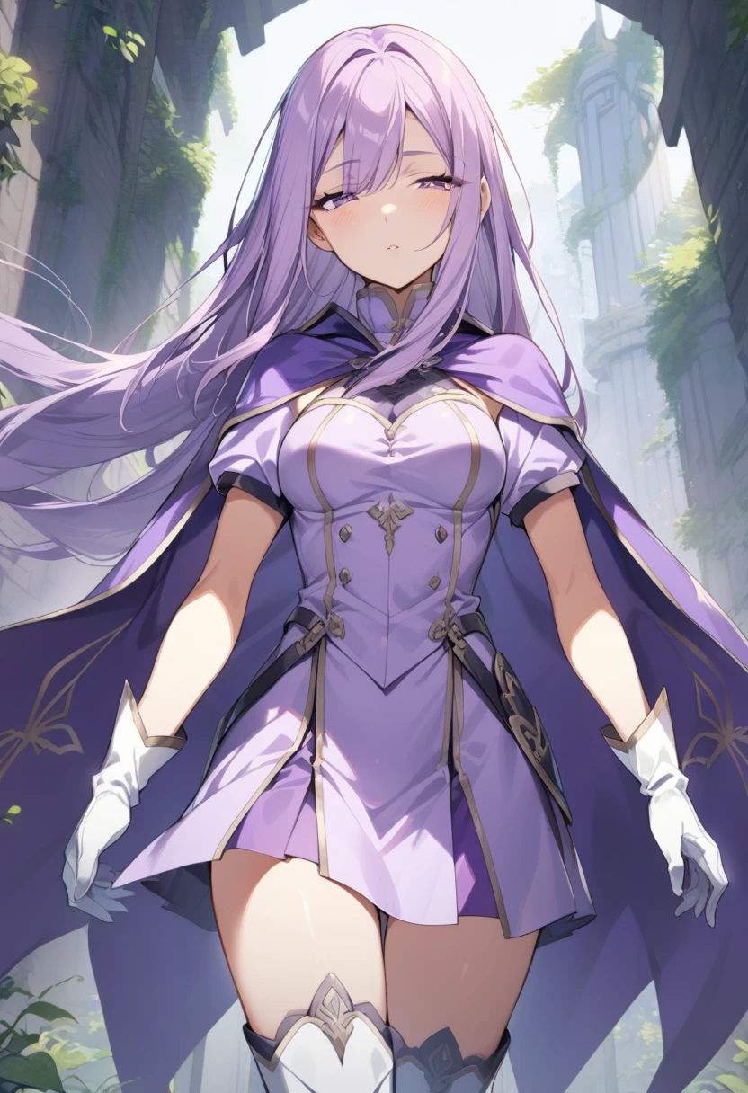 (1 anime girl) Long hair color: dark pink, eyes: bright purple, medium breasts, Wear a wizard costume with a hood. {Looking at the viewer with a slight smile, in the forest}